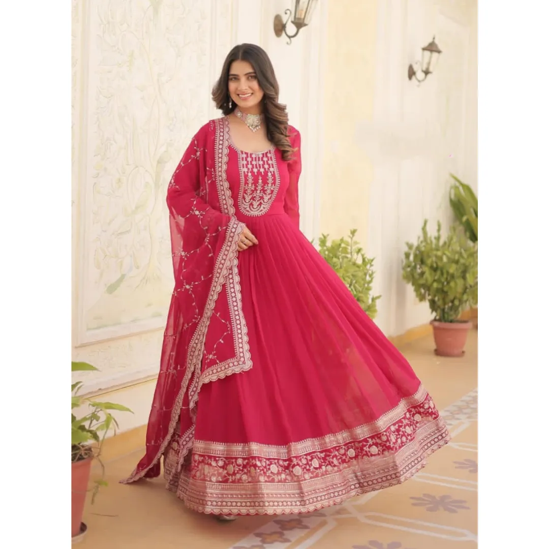 Embroidery Sequence Wedding wear Pink Women's Gown Dupatta Suit