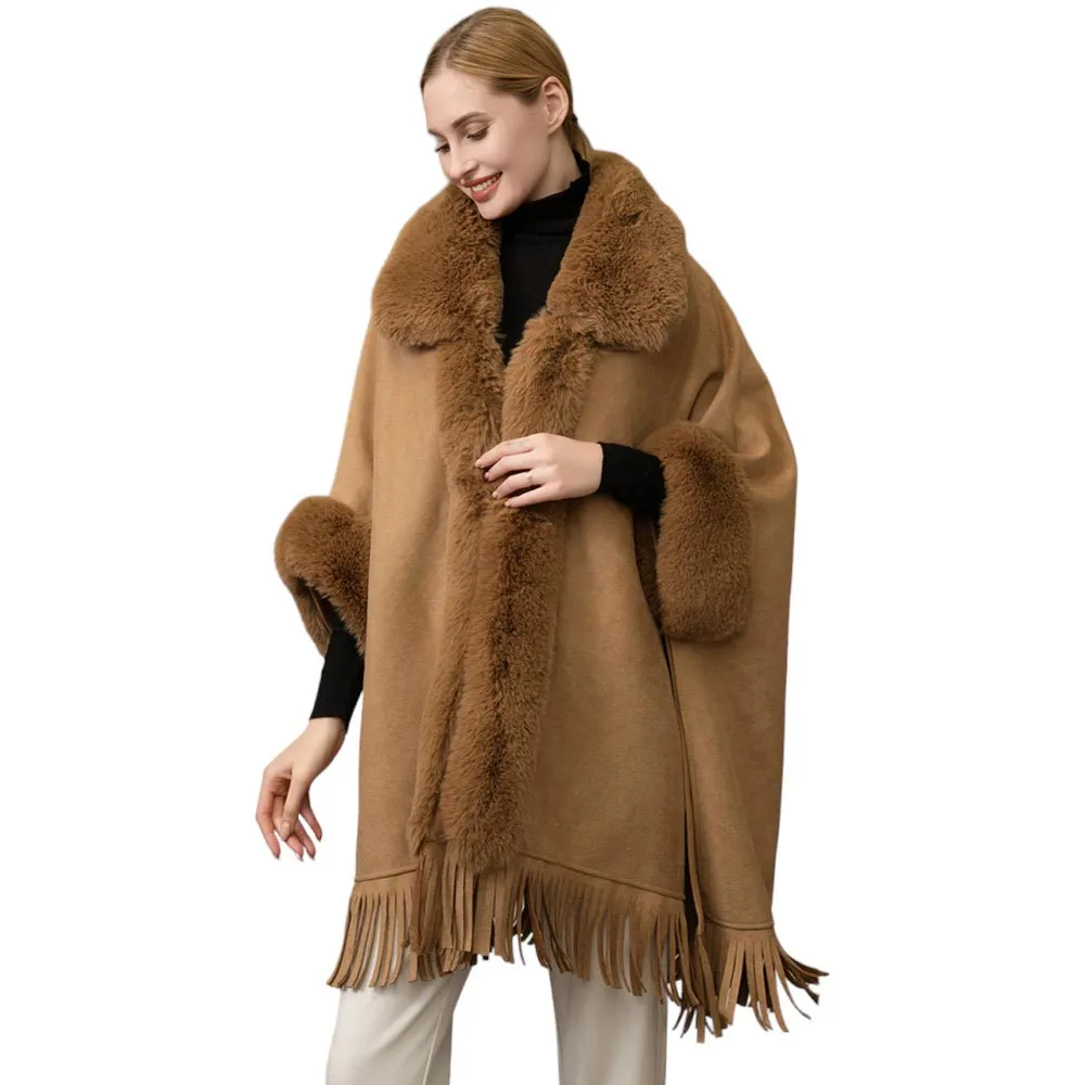 Faux Fur Trimmed Solid Fringe Ruana Poncho