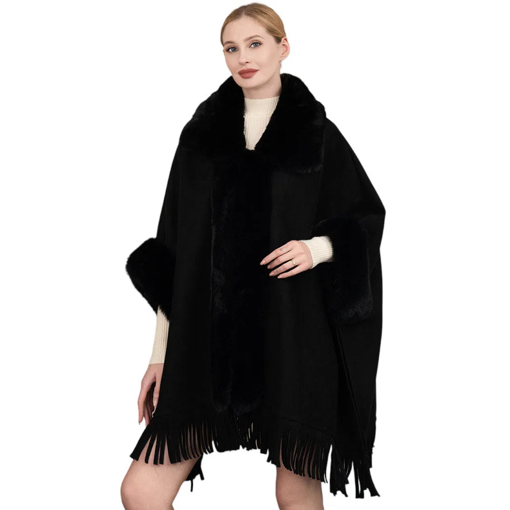 Faux Fur Trimmed Solid Fringe Ruana Poncho