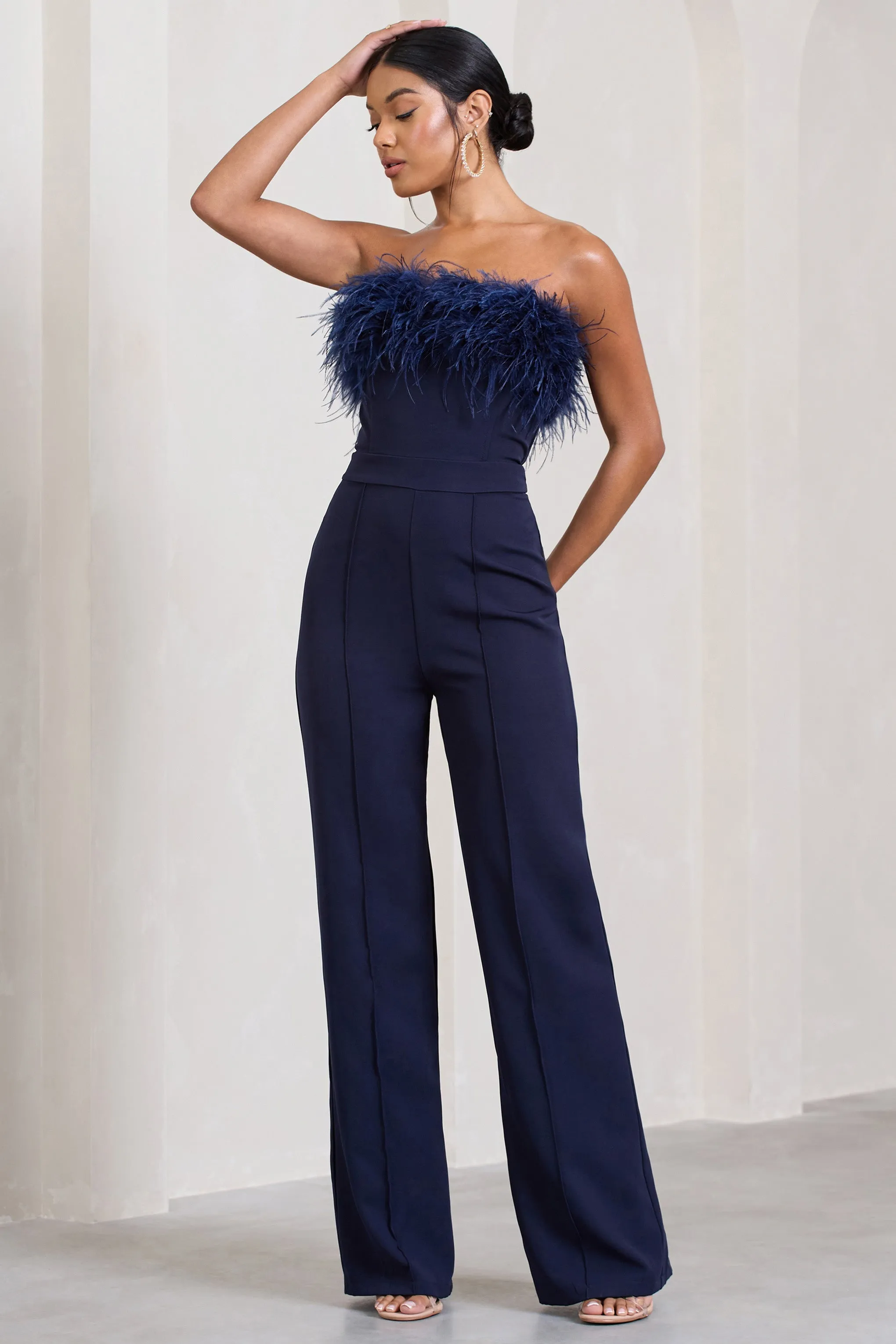 First Class | Navy Bandeau Feather Wide Leg Jumpsuit