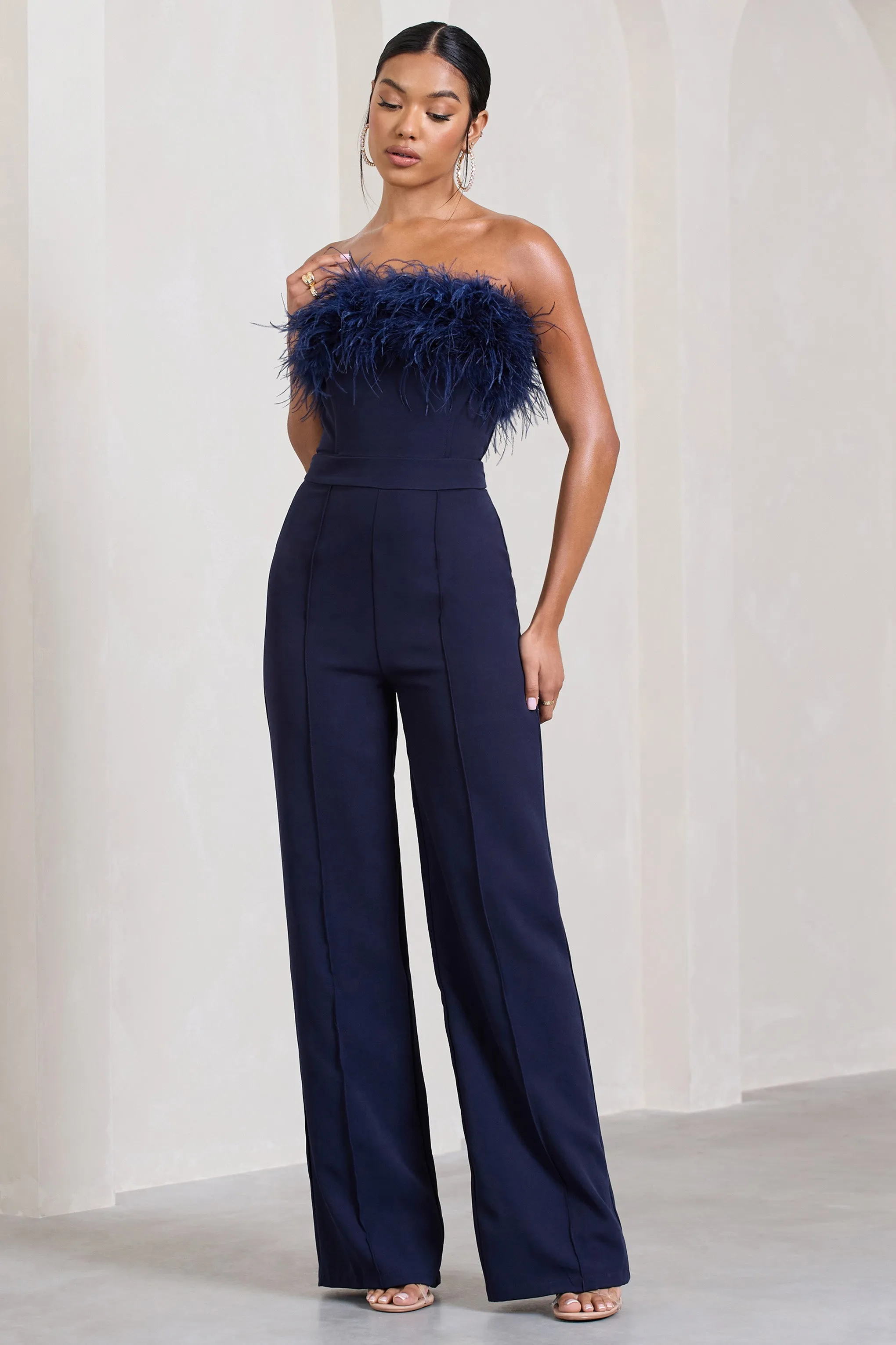 First Class | Navy Bandeau Feather Wide Leg Jumpsuit