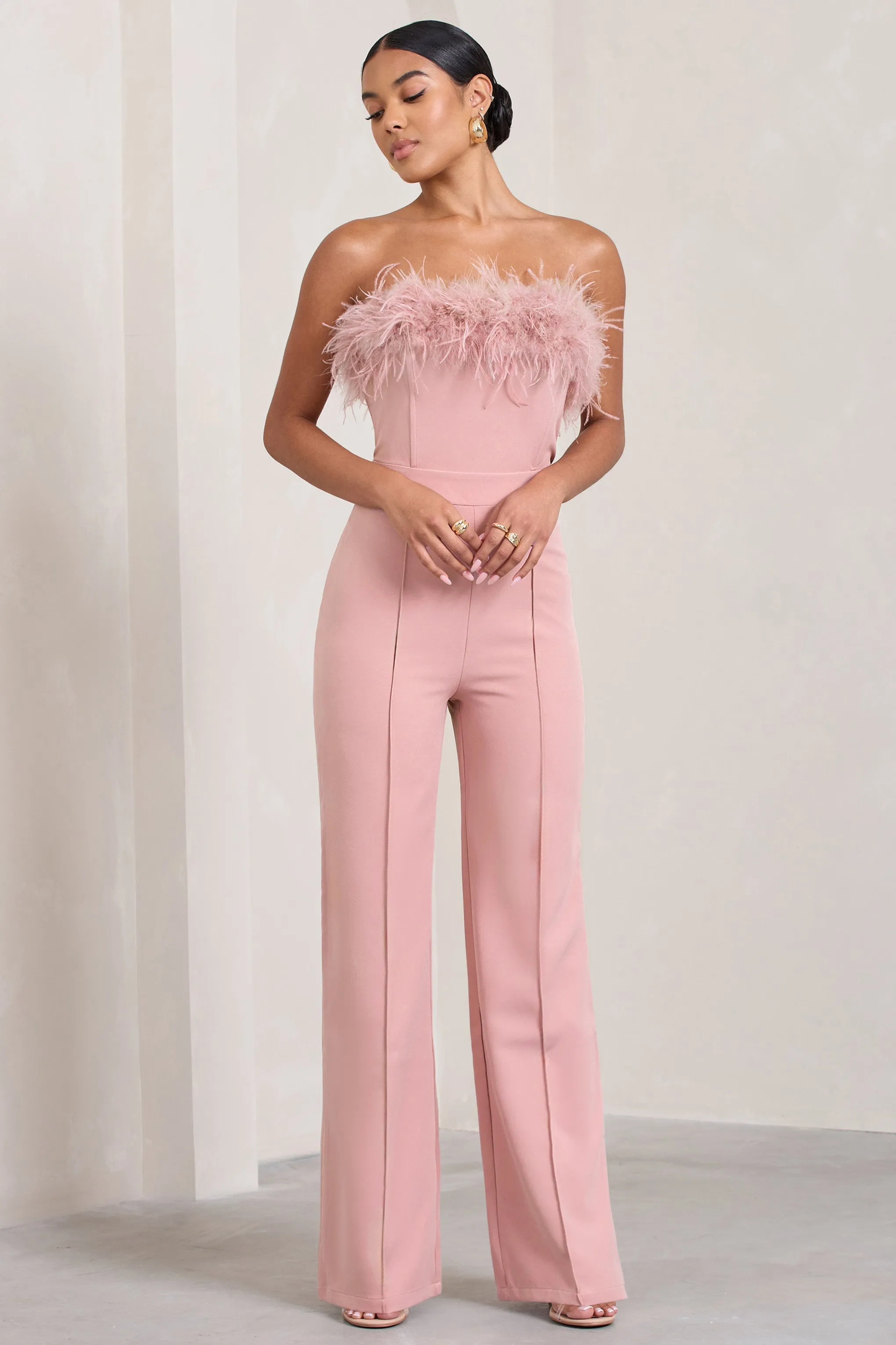 First Class | Pink Bandeau Feather Wide Leg Jumpsuit