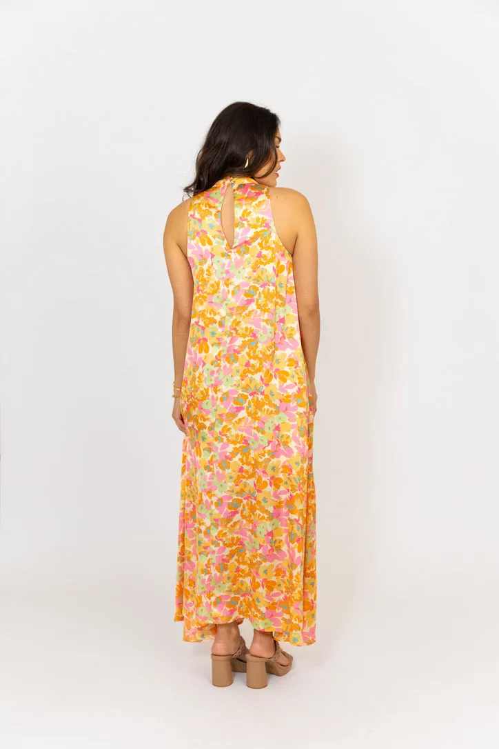 Floral Satin Halter Maxi Dress