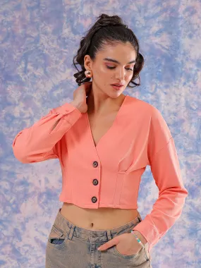 Freehand Women Pink Fitted Textured V-Neck Button down top