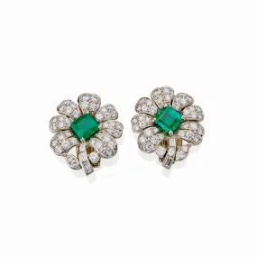 Gazdar Mumbai Emerald and Diamond Flower Clip Earrings