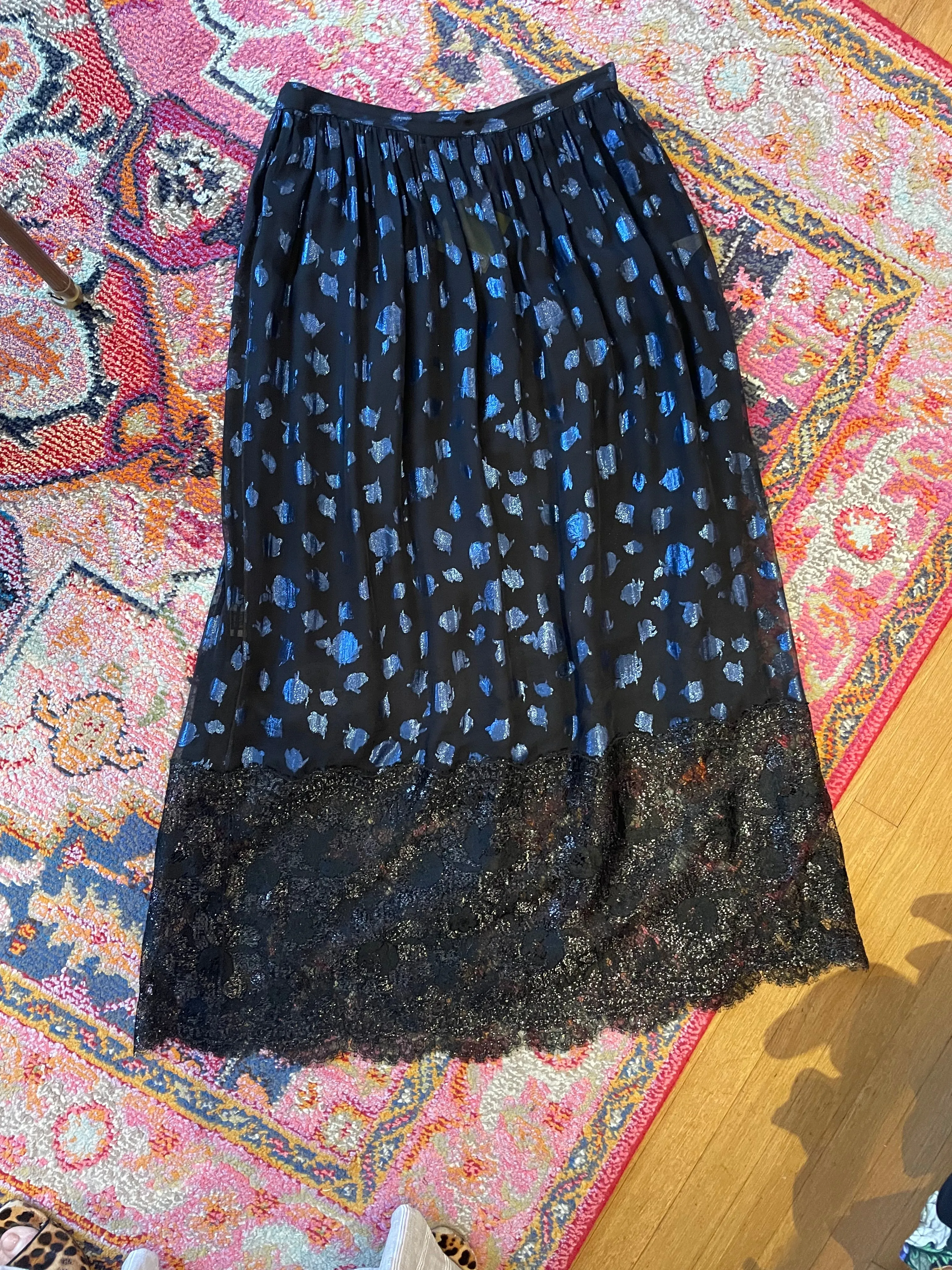 Geoffrey Beene Black & Blue Metallic Polka Dot Silk Chiffon Skirt