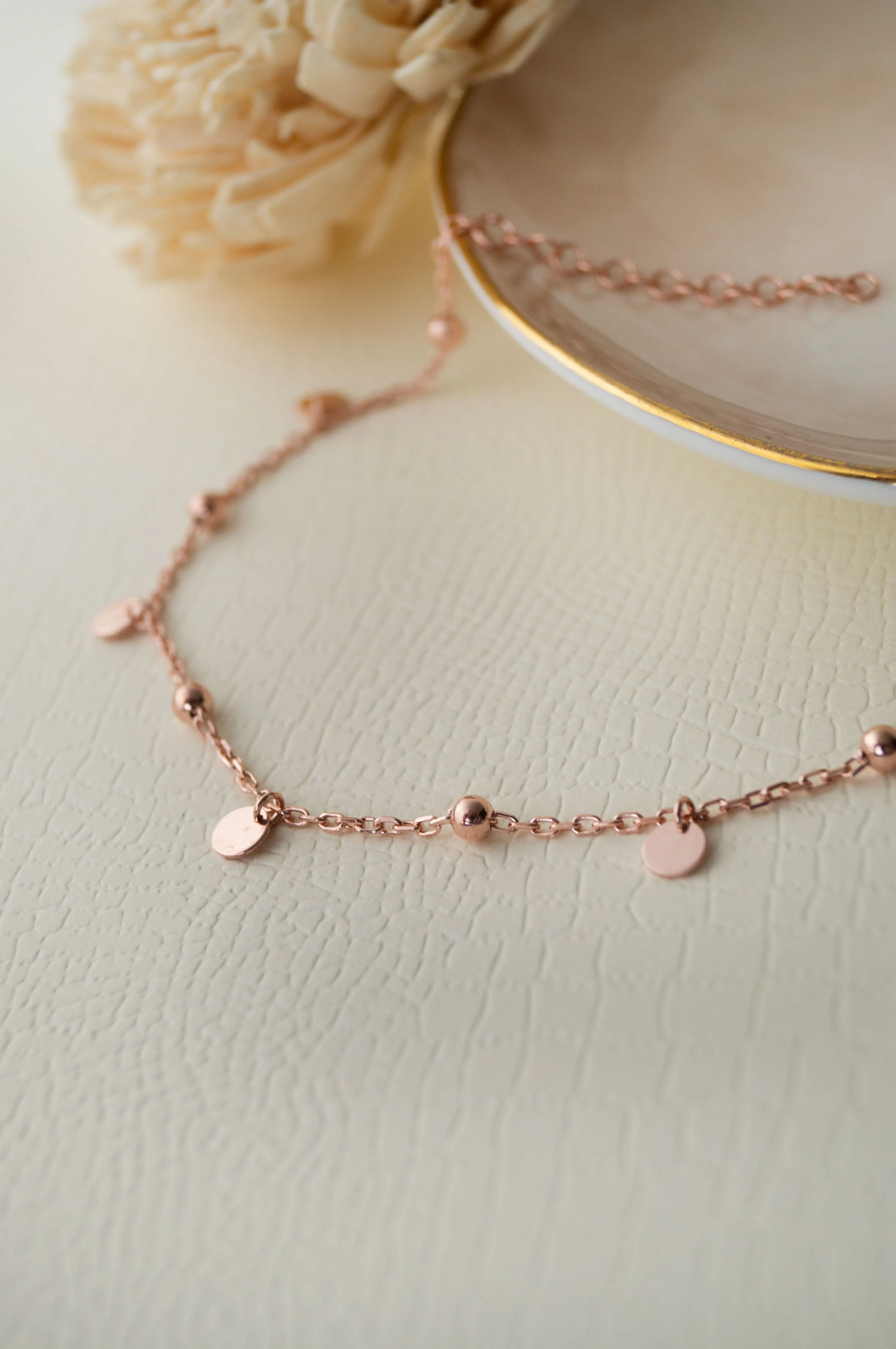 Gleaming Circle Charms Rose Gold Plated Sterling Silver Chain Bracelet