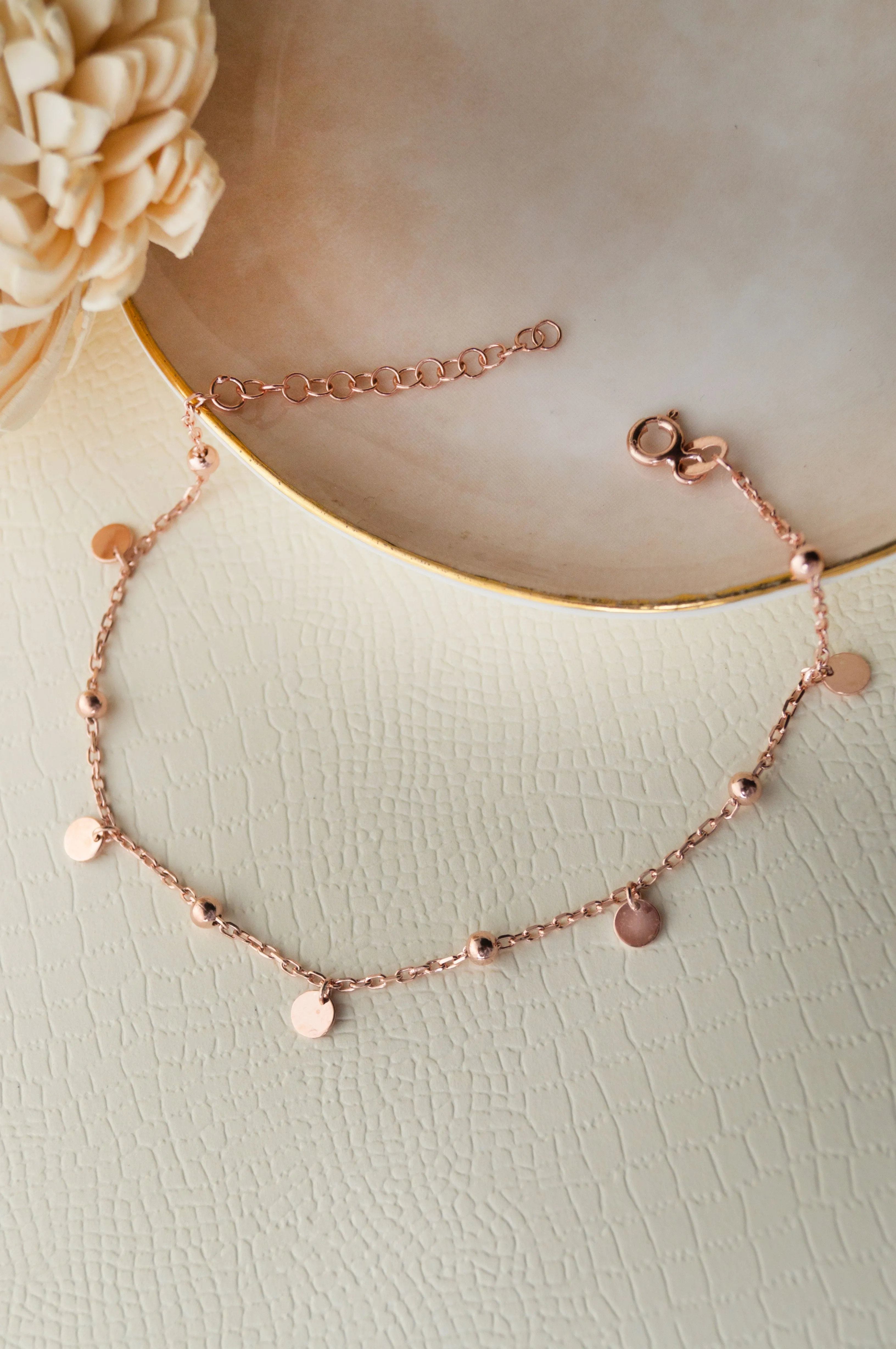 Gleaming Circle Charms Rose Gold Plated Sterling Silver Chain Bracelet