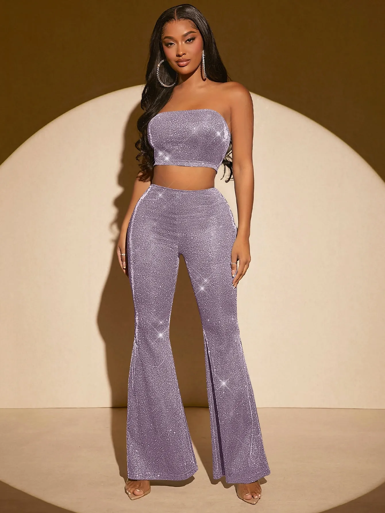 Glitter Crop Tube Top Flare Leg Pants