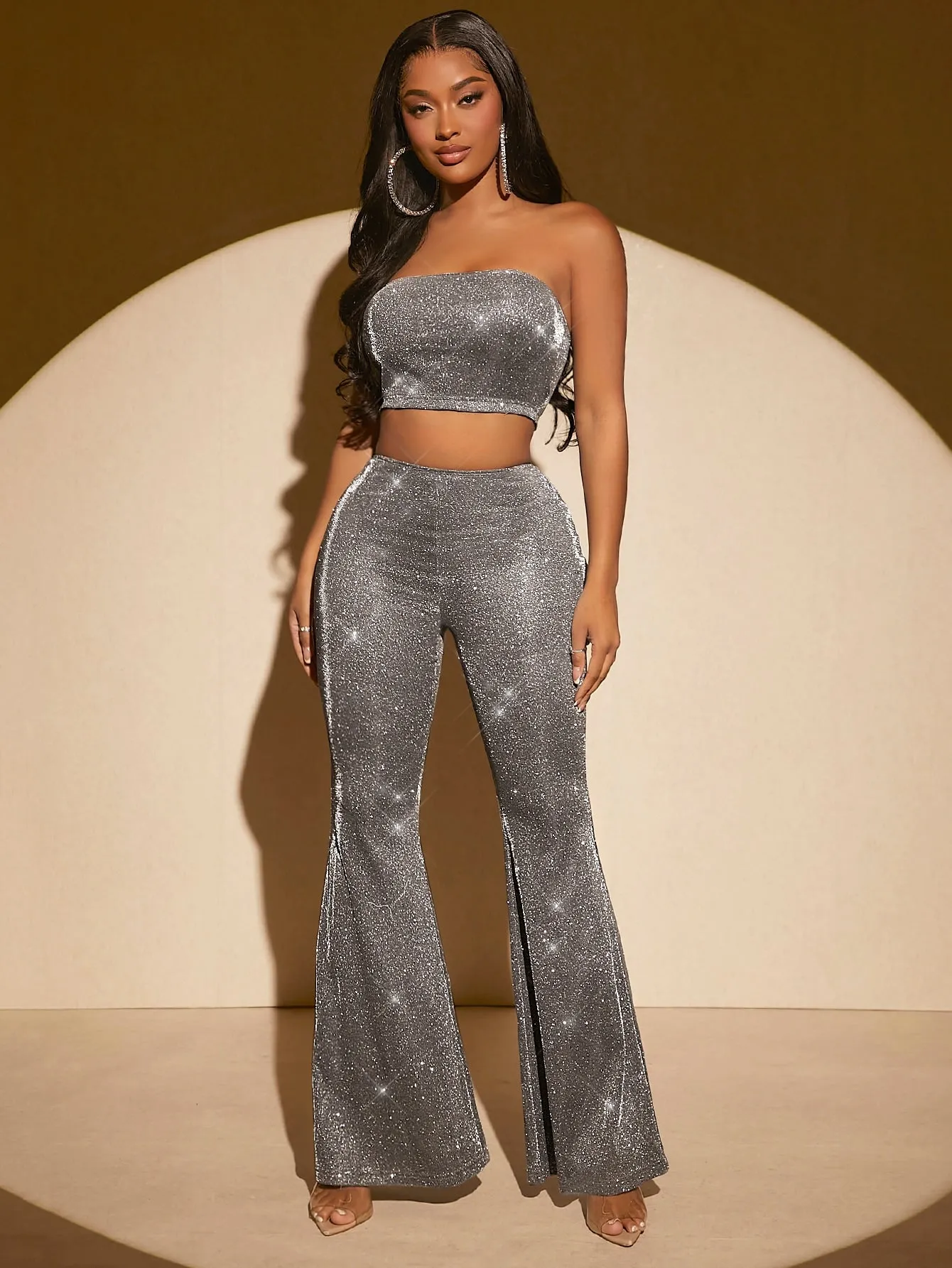 Glitter Crop Tube Top Flare Leg Pants