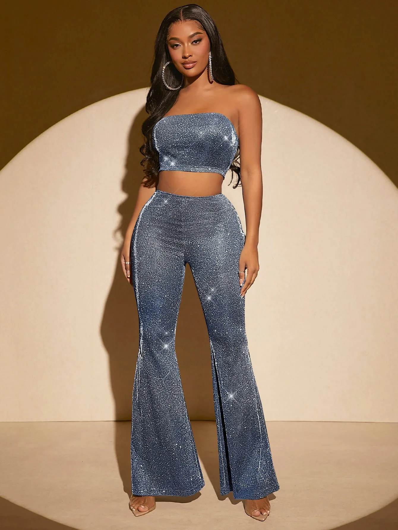 Glitter Crop Tube Top Flare Leg Pants