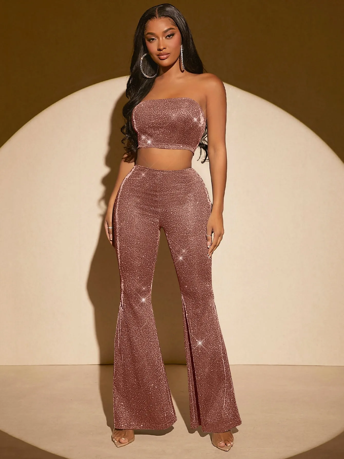 Glitter Crop Tube Top Flare Leg Pants