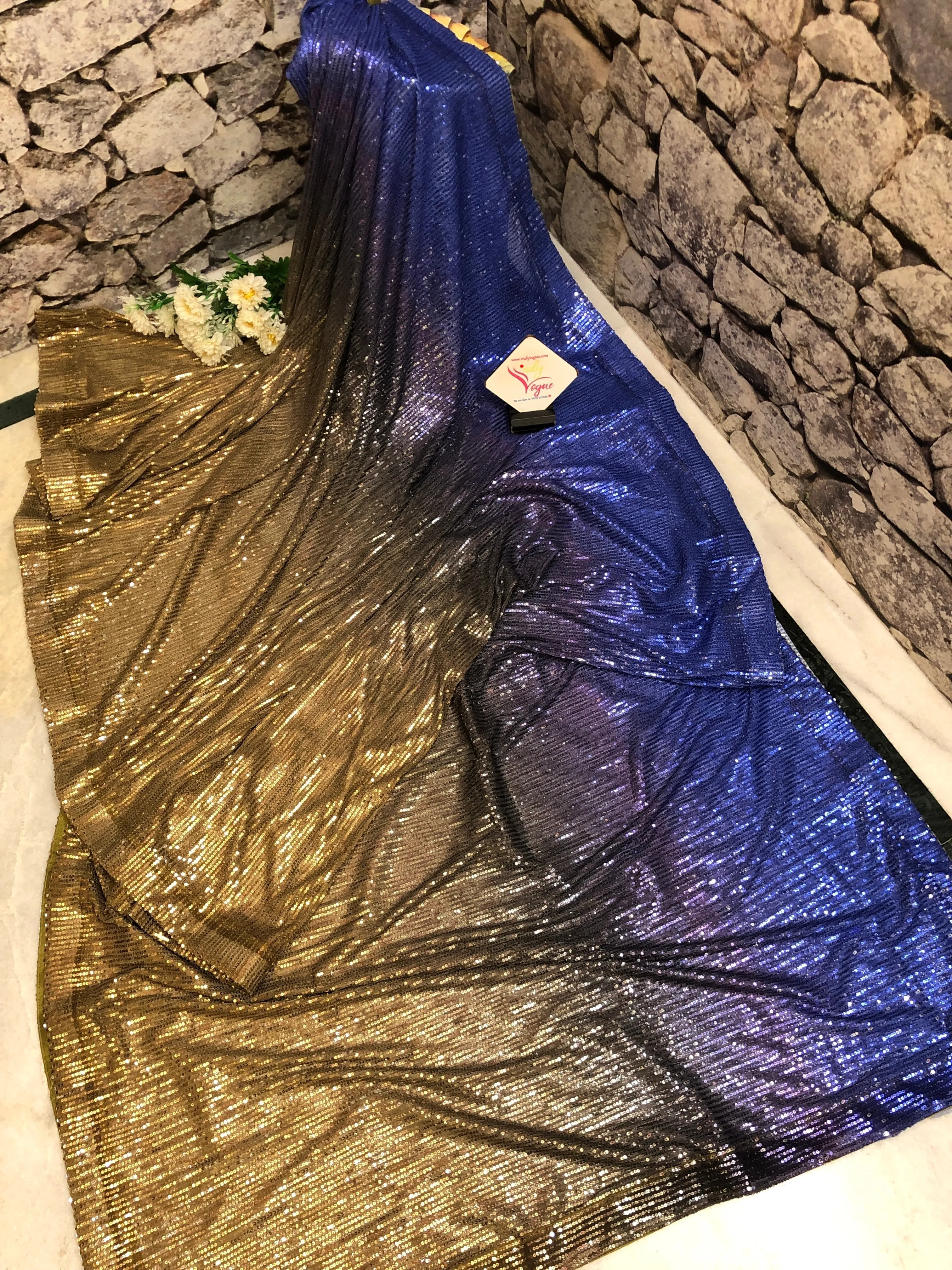 Golden and Indigo Blue Color Designer Net Saree with Sequin Weaving Work