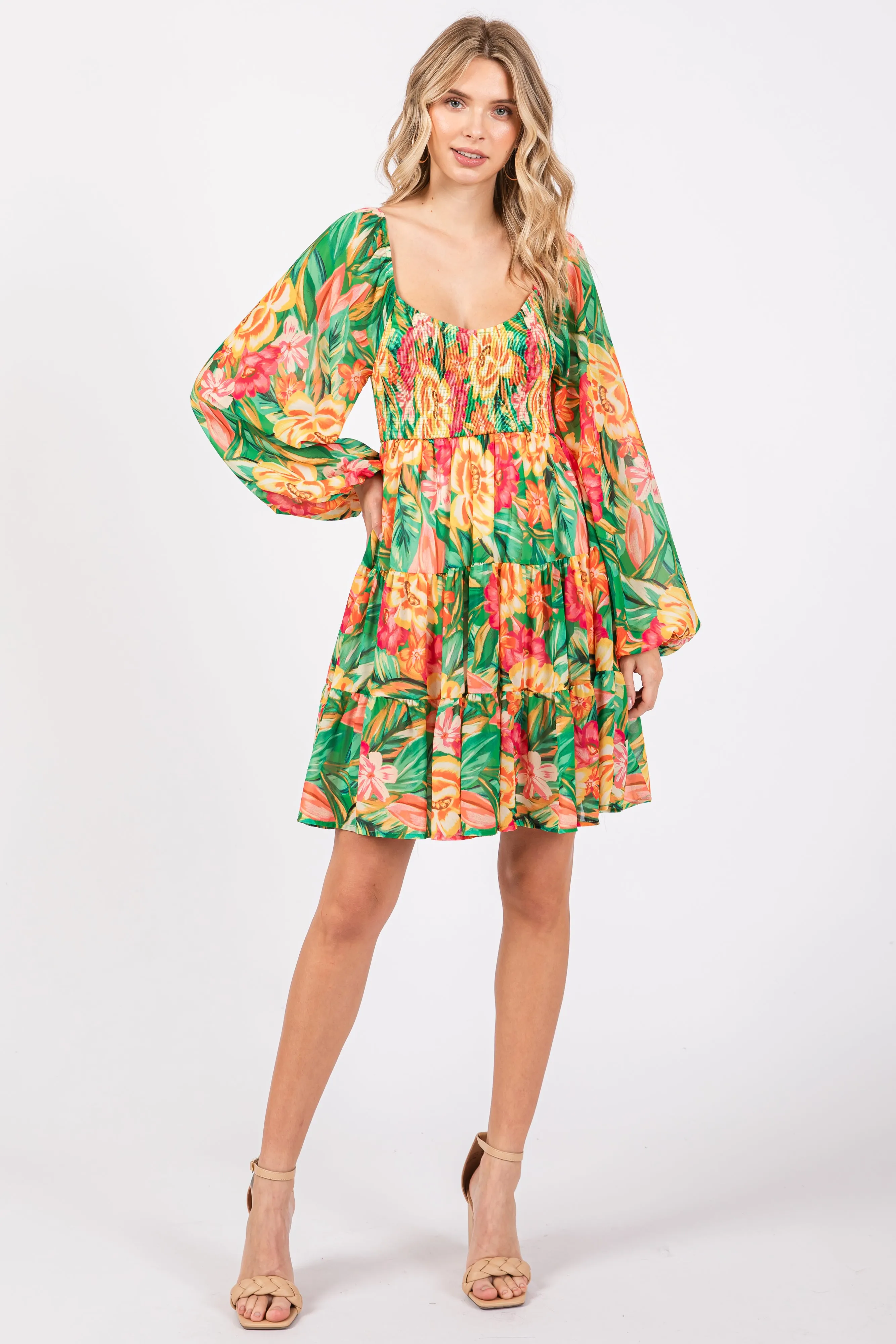 Green Tropical Floral Smocked V-Neck Midi Dress