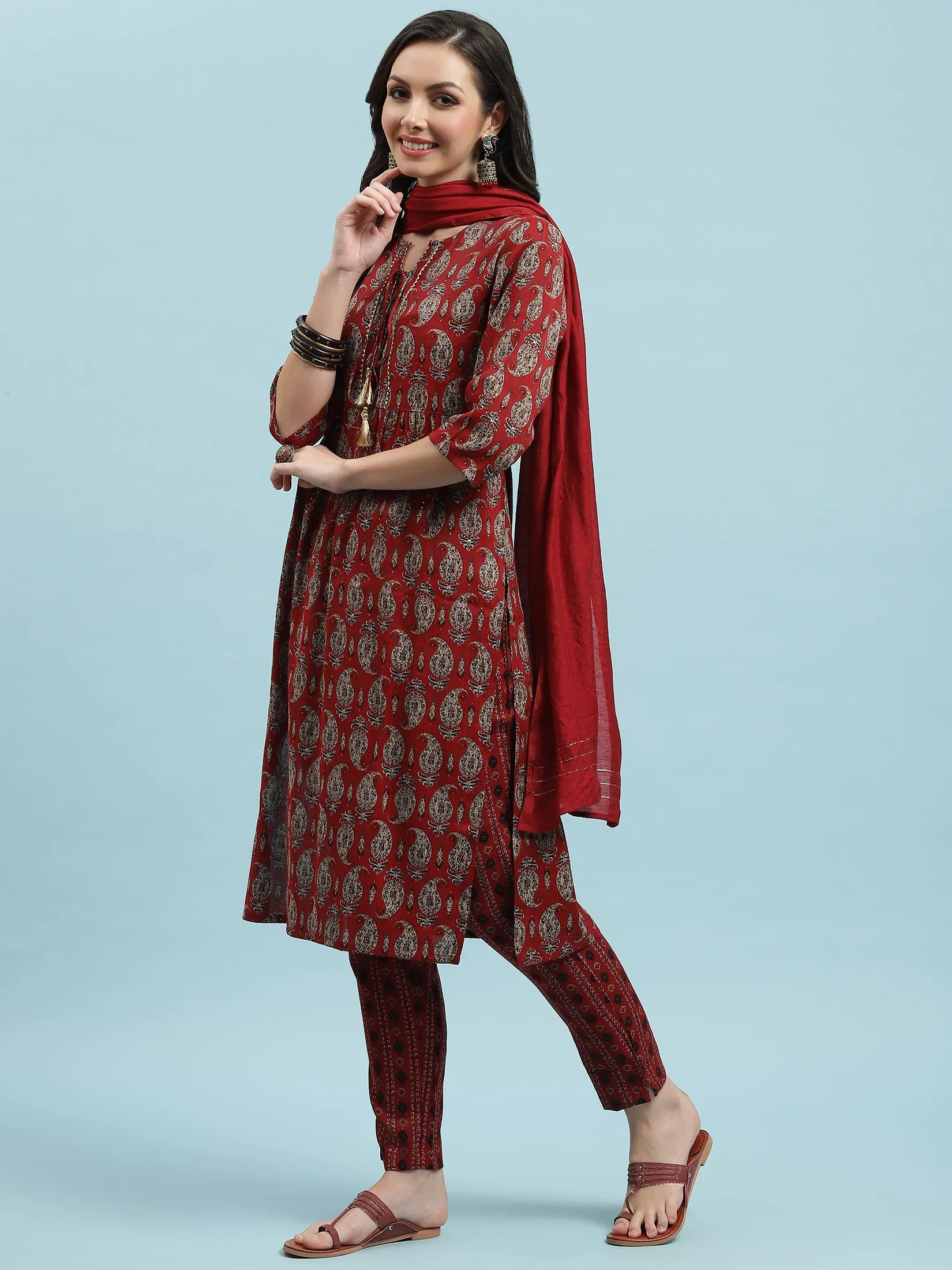 Indiessence Red Paisley Printed Kurta Trouser Dupatta