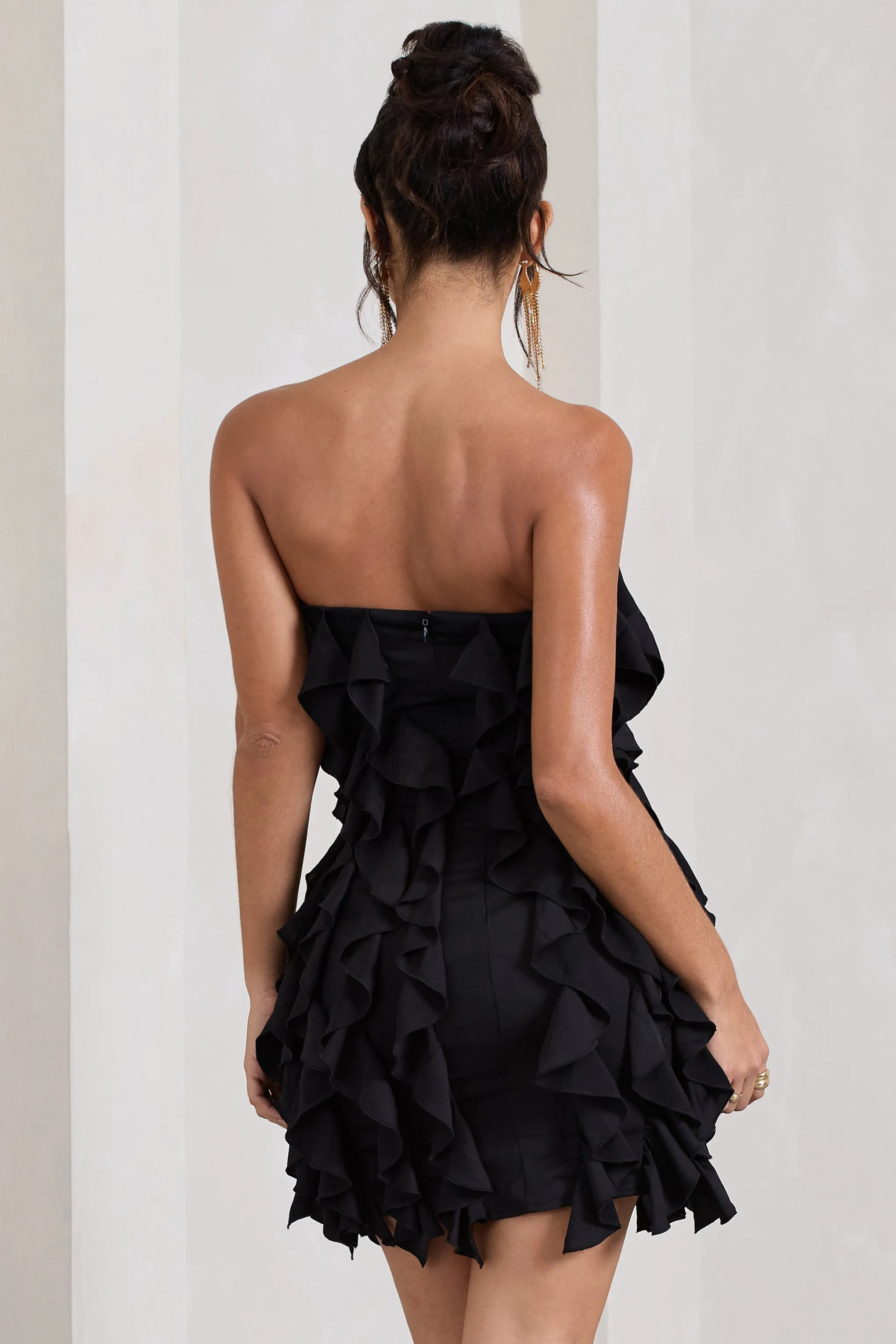 It Girl | Black Bandeau Bodycon Mini Dress With Ruffles