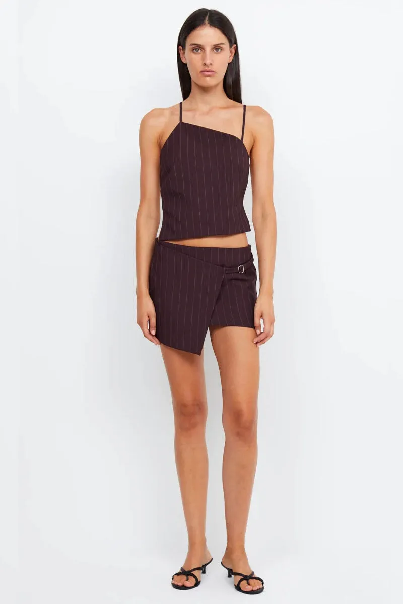 JADE WRAP MINI SKIRT-PLUM PINSTRIPE