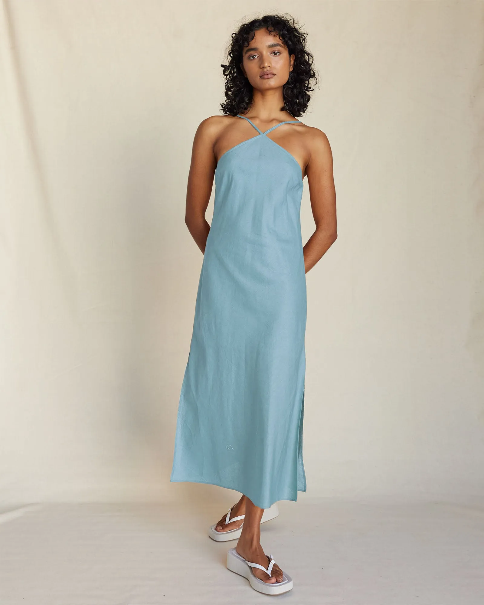 Krisha Linen Halter Midi Dress - Duckegg