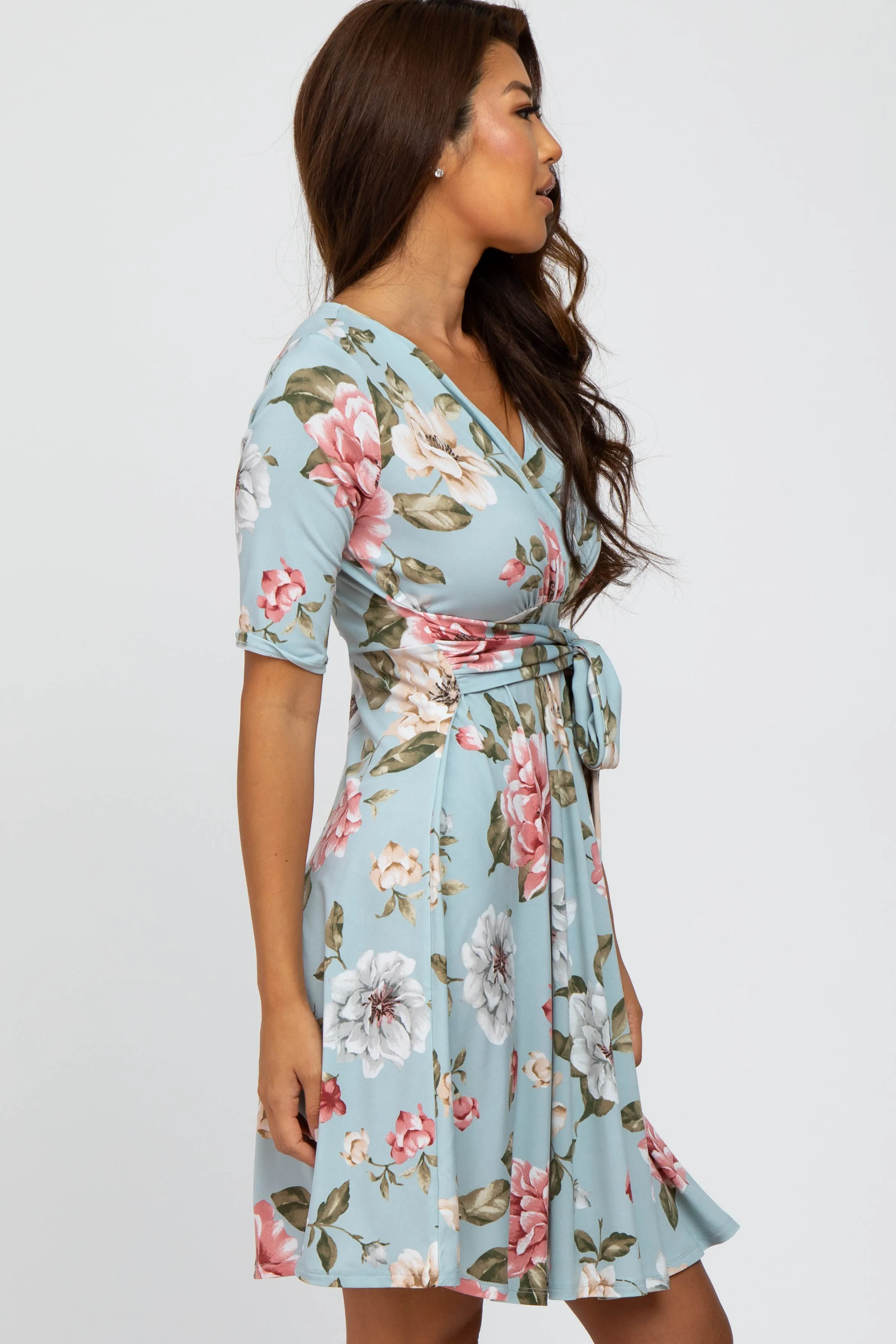 Light Blue Floral Wrap Dress