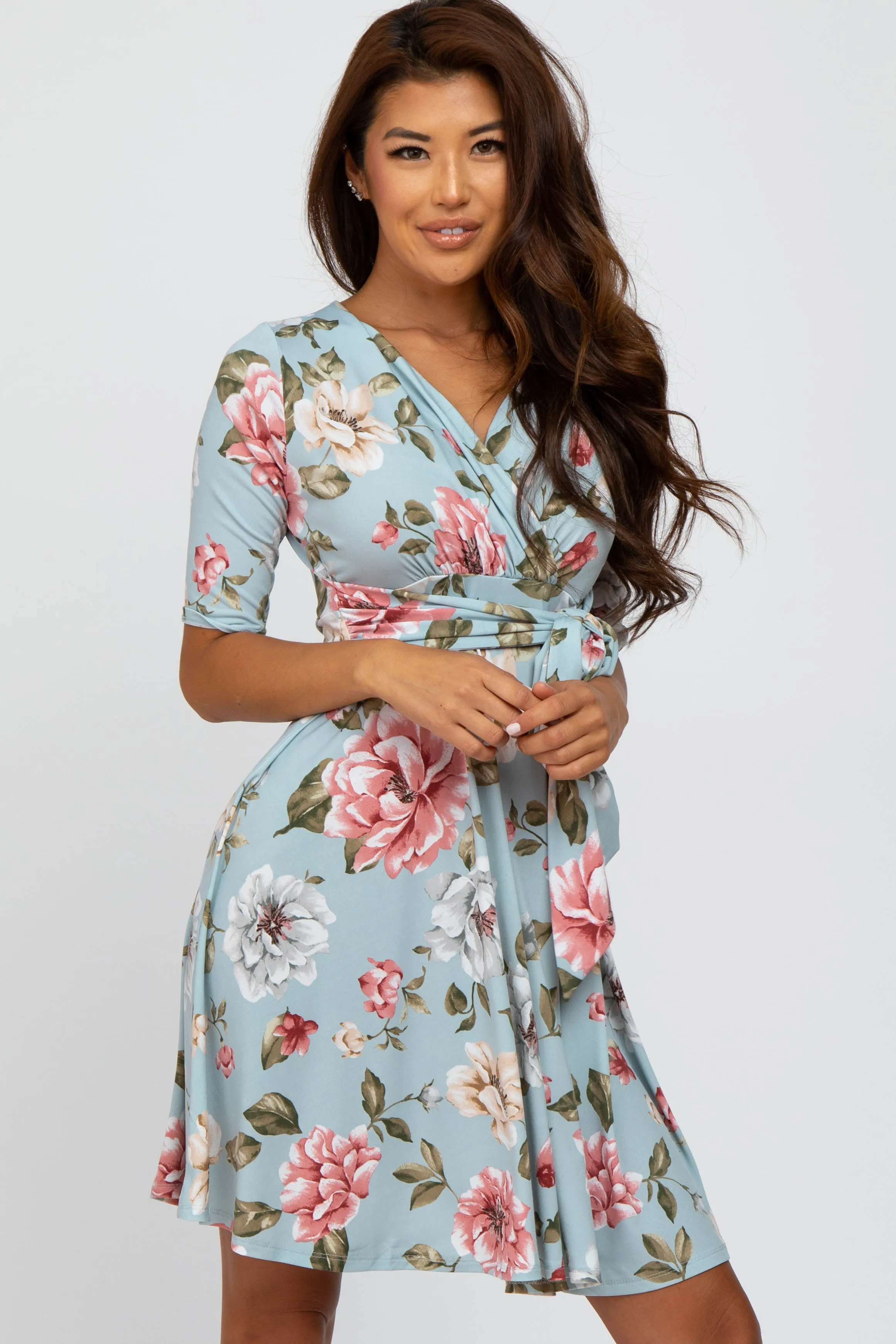 Light Blue Floral Wrap Dress