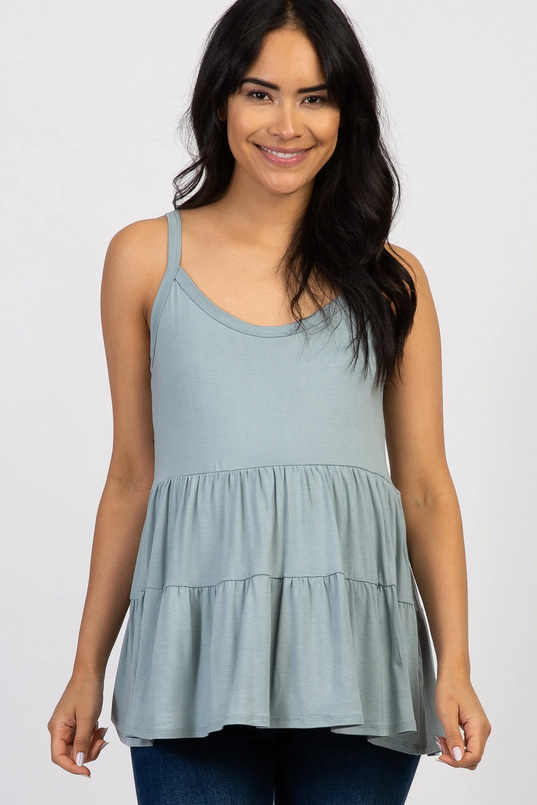 Light Blue Solid Ruffle Peplum Maternity Top