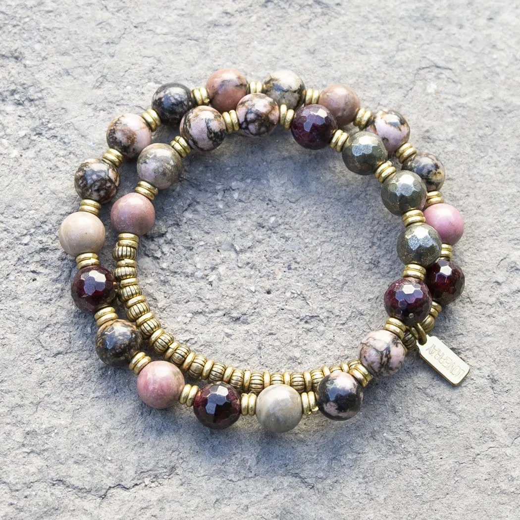 Love and Confidence Rhodonite Pyrite and Garnet Mala Bracelet