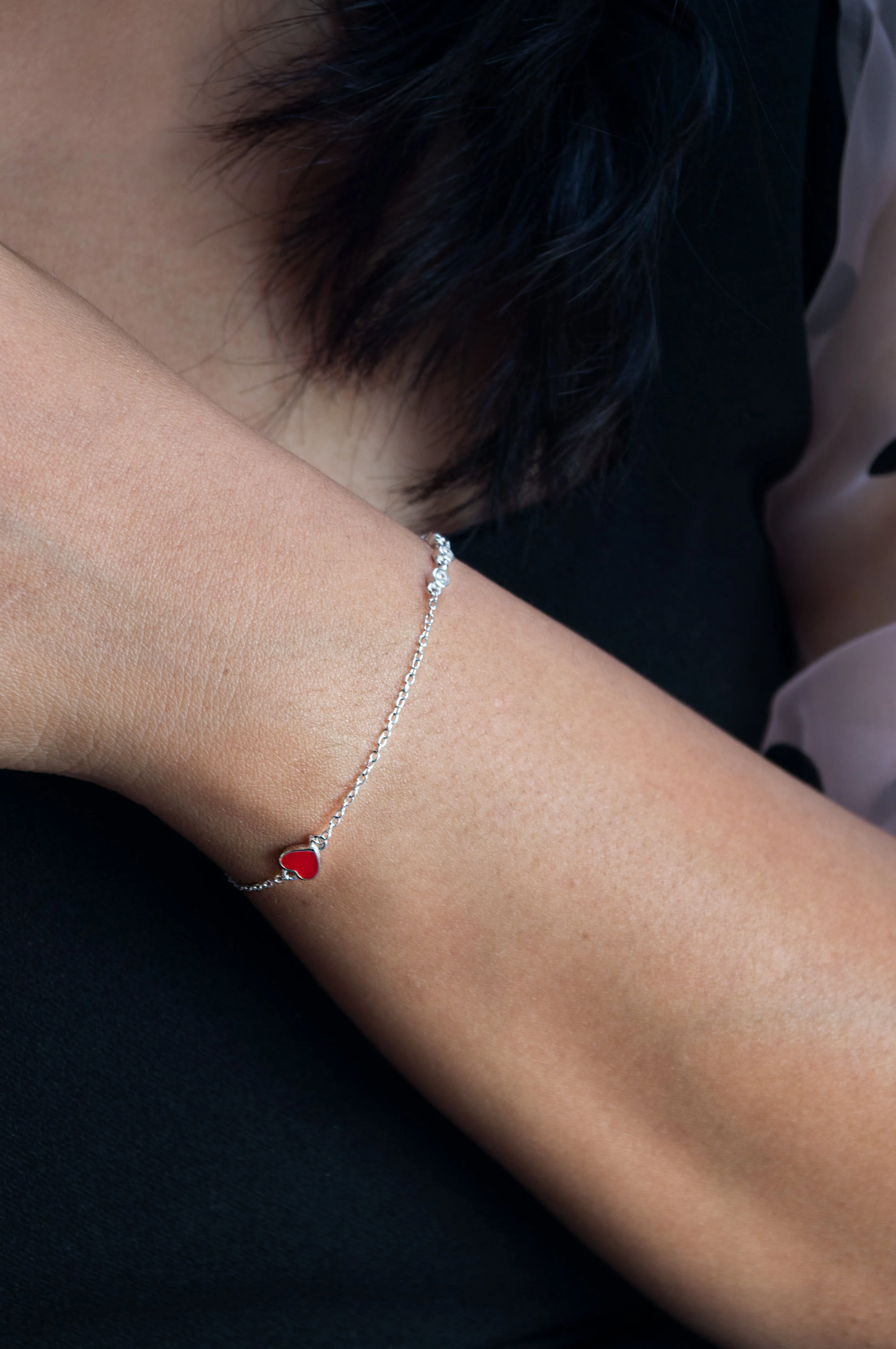 Lovely Red Heart Sterling Silver Chain Bracelet