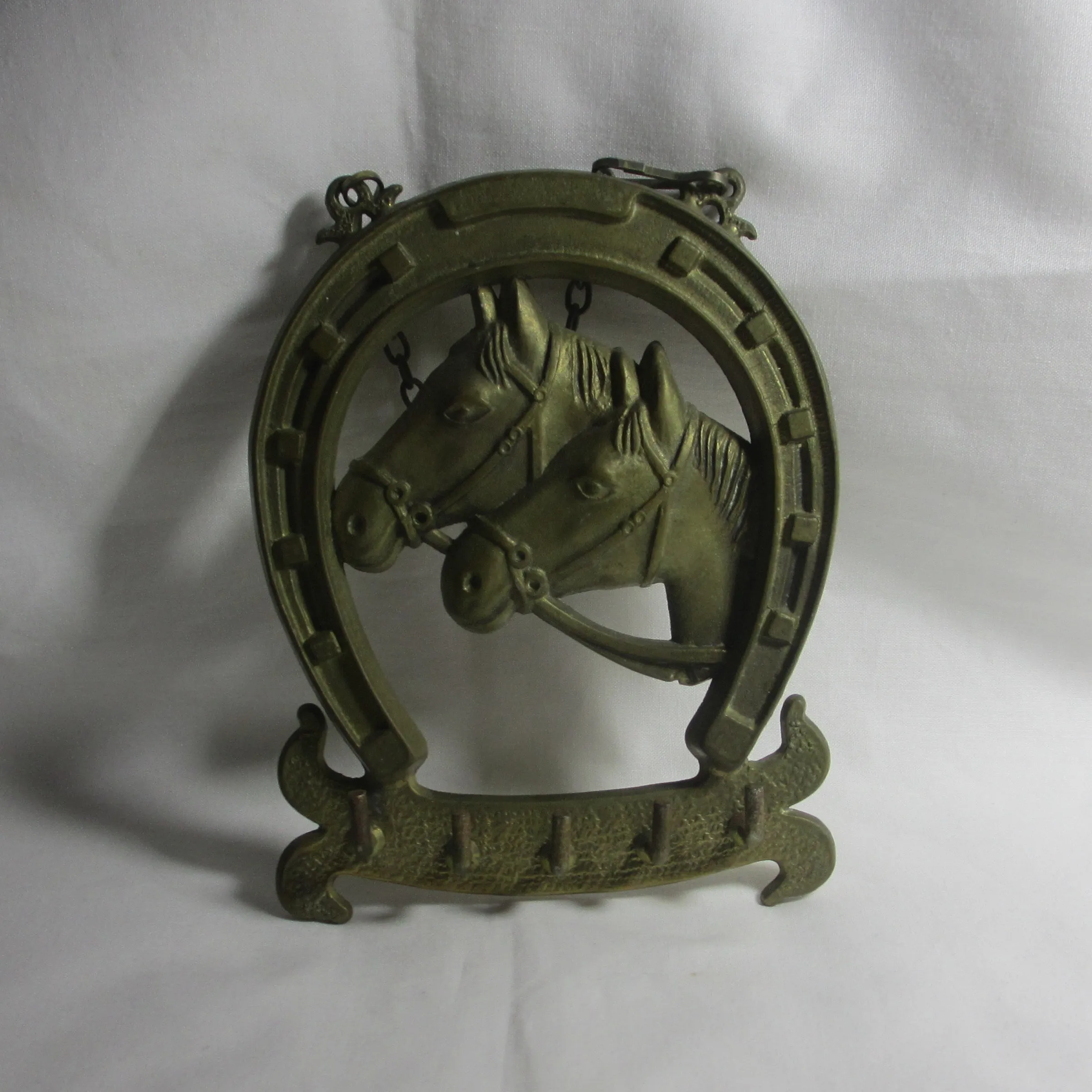 Lucky Horseshoe & Horse Heads Brass Key Rack Holder Vintage c1980