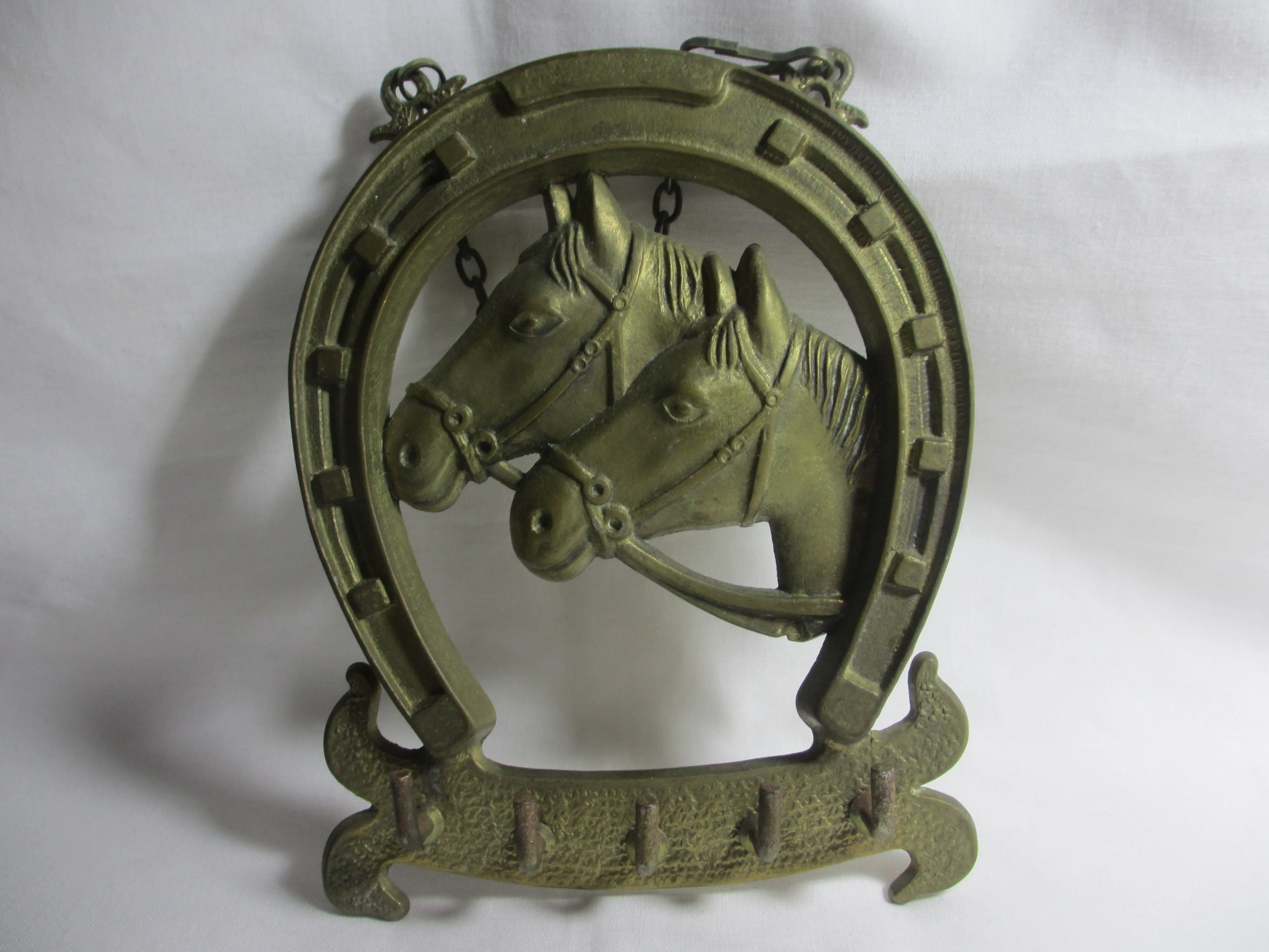 Lucky Horseshoe & Horse Heads Brass Key Rack Holder Vintage c1980