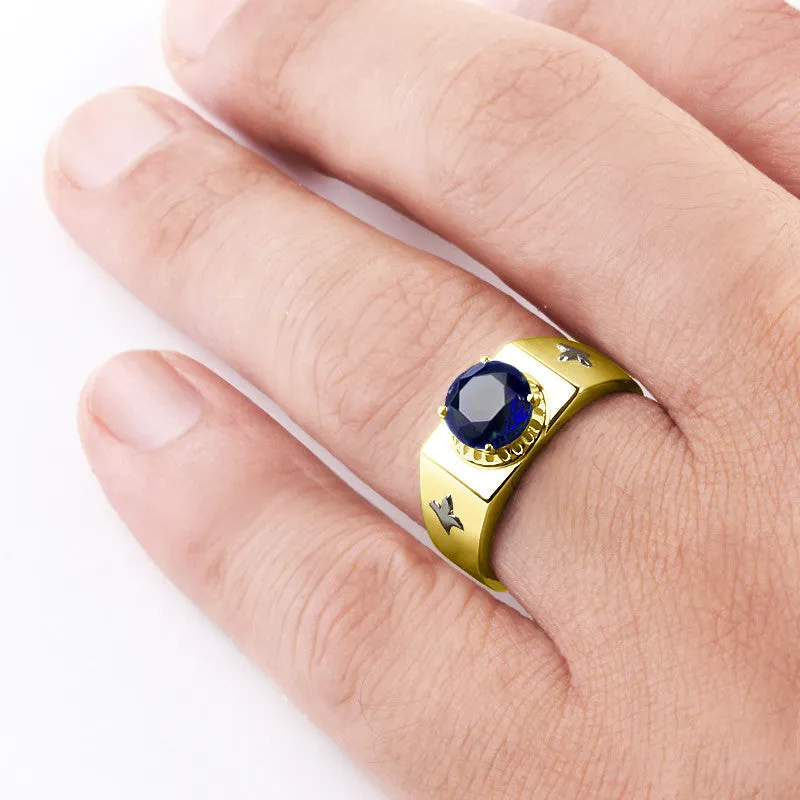 Men's Gold Ring with Blue Sapphire Gemstone, 10k Solid Gold Ring for Men