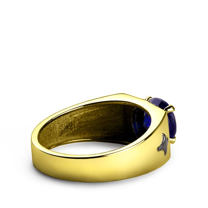 Men's Gold Ring with Blue Sapphire Gemstone, 10k Solid Gold Ring for Men