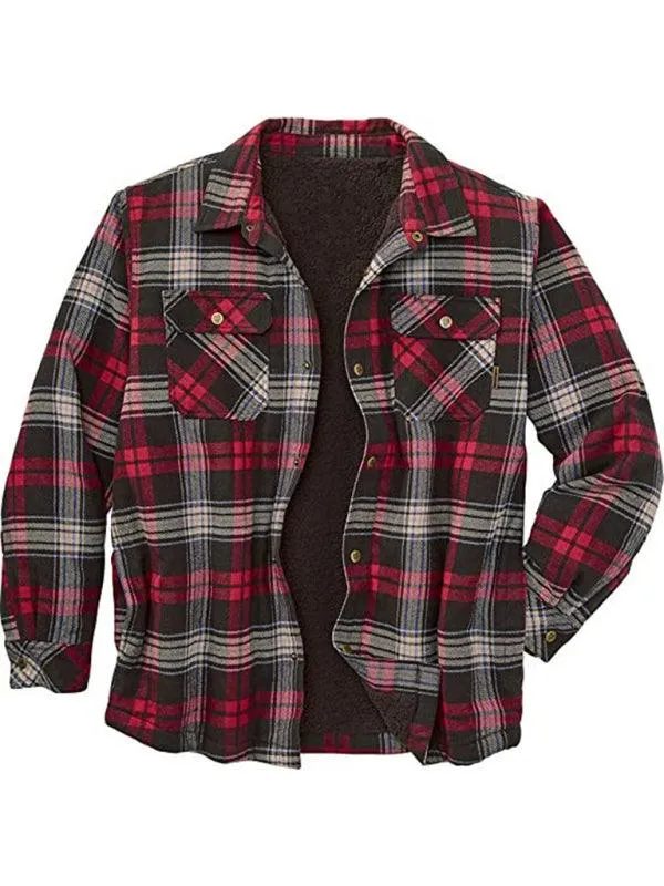 Men’s Plaid Pattern With Buttoned Breast Pocket Faux Sherpa-lined Flannel Shirt Jacket