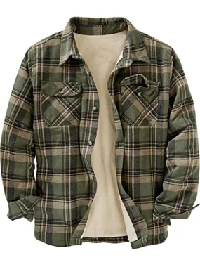 Men’s Plaid Pattern With Buttoned Breast Pocket Faux Sherpa-lined Flannel Shirt Jacket