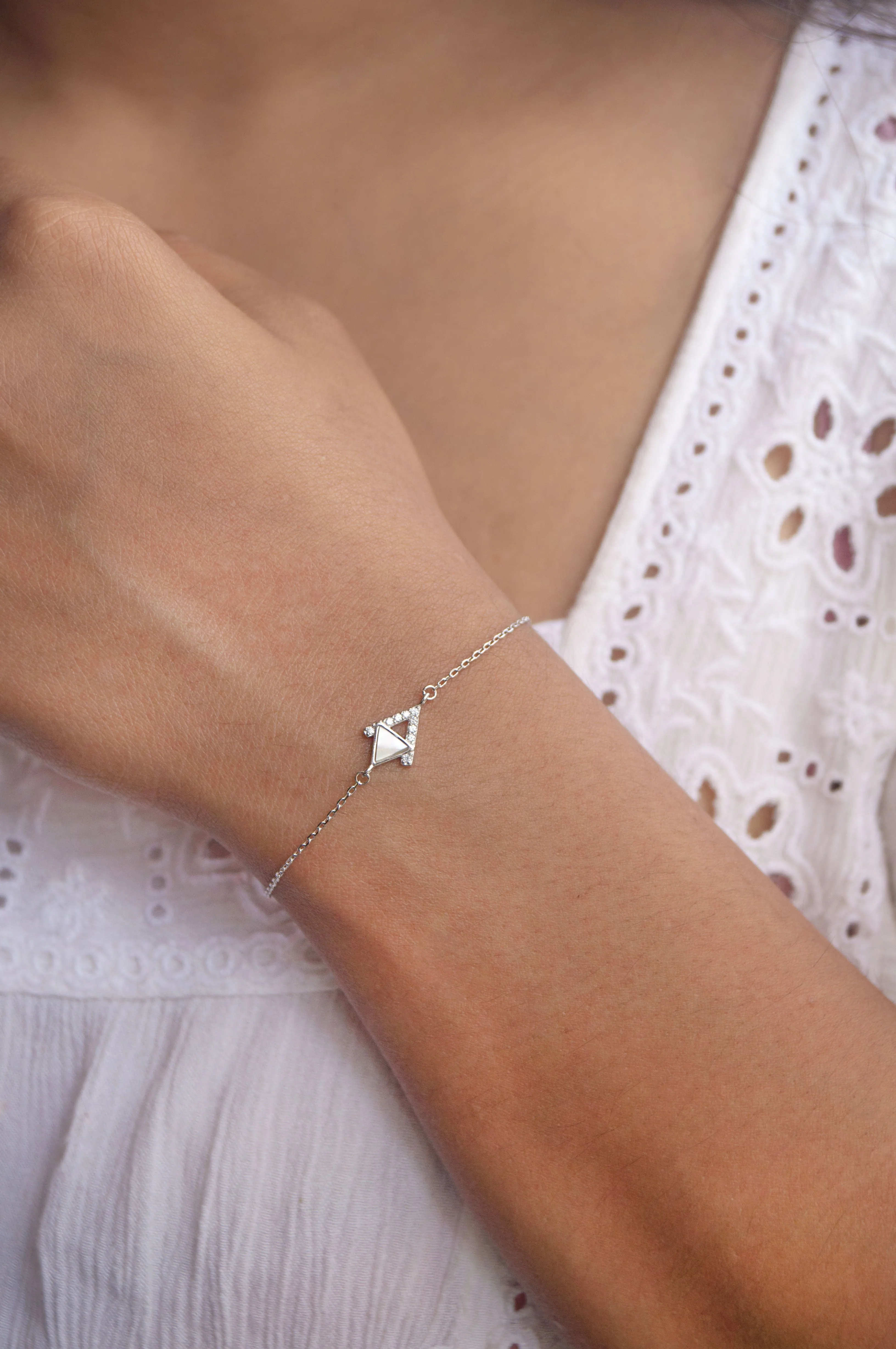 Mother Of Pearl Entangled Triangles Sterling Silver Chain Bracelet