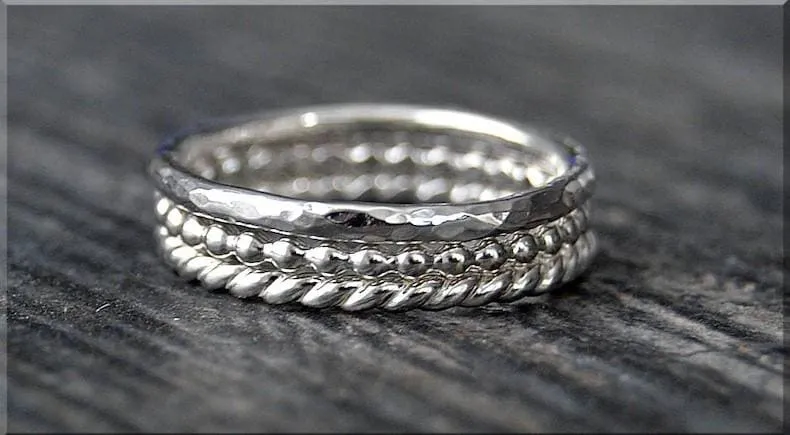 MTO Set of 3 Sterling Silver Stackable Rings,Full Bead Hammered Twisted Jewelry, Gift for her