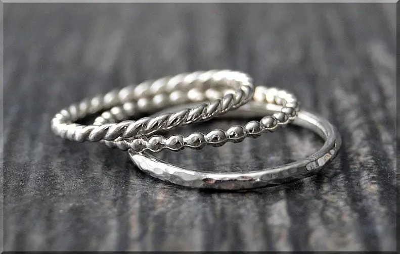 MTO Set of 3 Sterling Silver Stackable Rings,Full Bead Hammered Twisted Jewelry, Gift for her