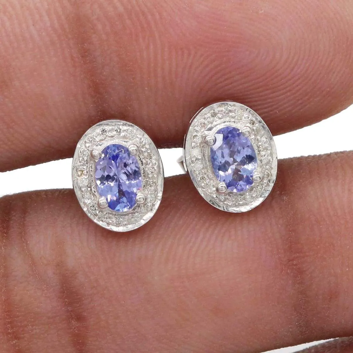 Natural & Real Diamond and Natural Tanzanite Handmade 925 Solid Sterling Silver Stud Earrings Wedding Jewelry