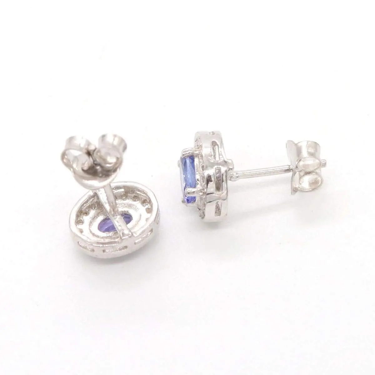 Natural & Real Diamond and Natural Tanzanite Handmade 925 Solid Sterling Silver Stud Earrings Wedding Jewelry