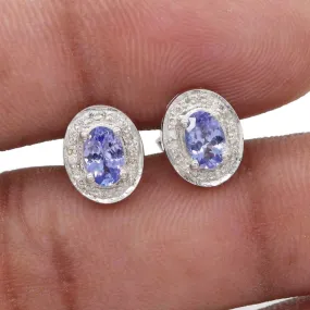 Natural & Real Diamond and Natural Tanzanite Handmade 925 Solid Sterling Silver Stud Earrings Wedding Jewelry