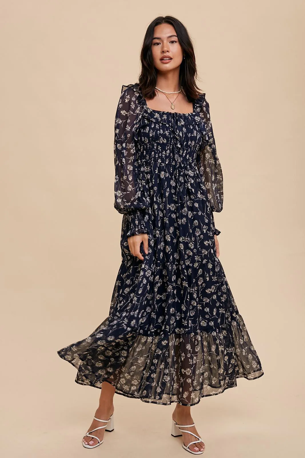 Navy Blue Floral Ruffle Square Neck Smocked Maternity Maxi Dress