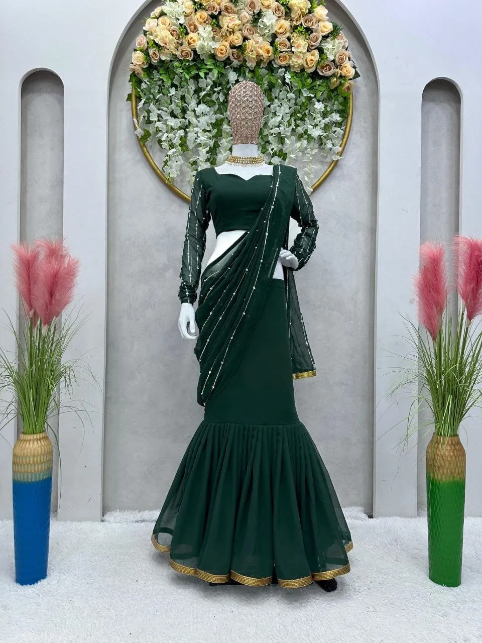 Party wear Ready to Wear Women's Lehenga Saree Green