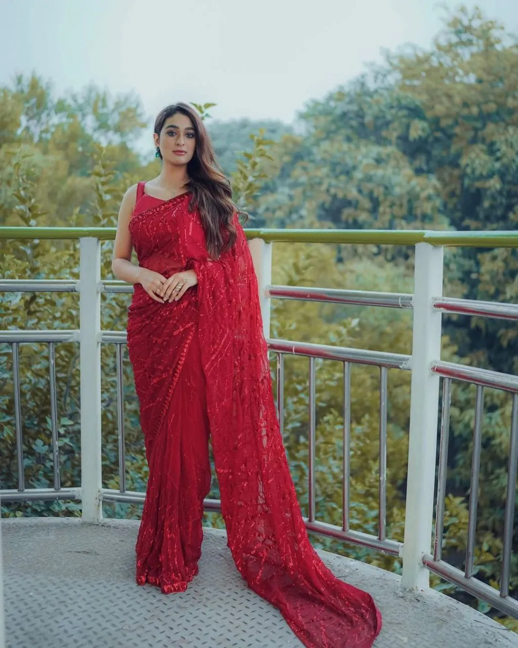 Party wear Women's Sequin Saree Red