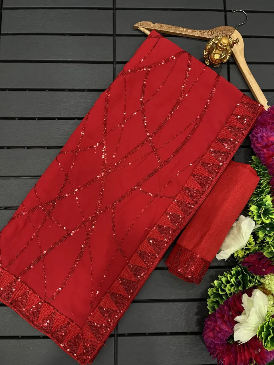 Party wear Women's Sequin Saree Red