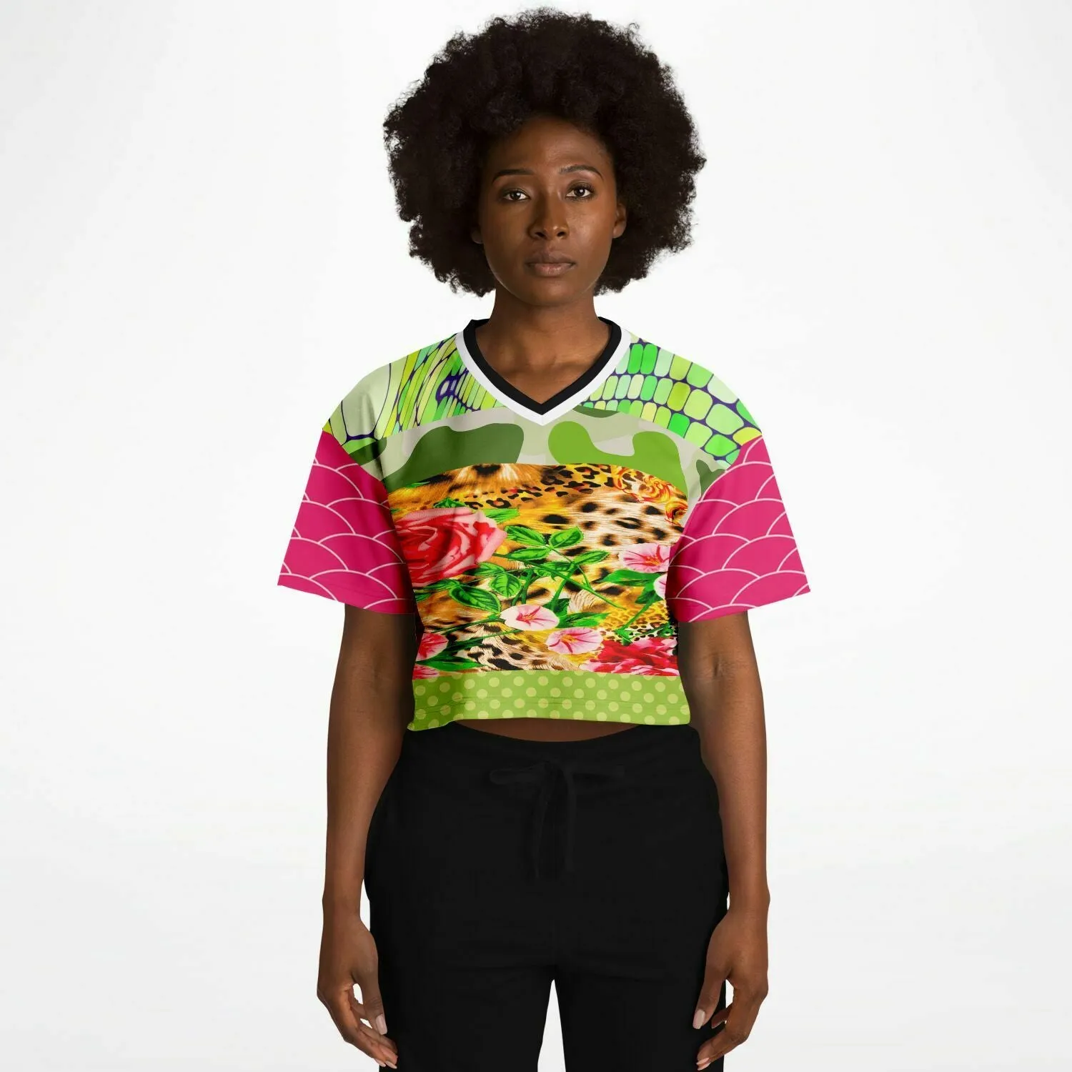 Pink Cerise Animal Print Patchwork Cropped Eco-Poly Jersey