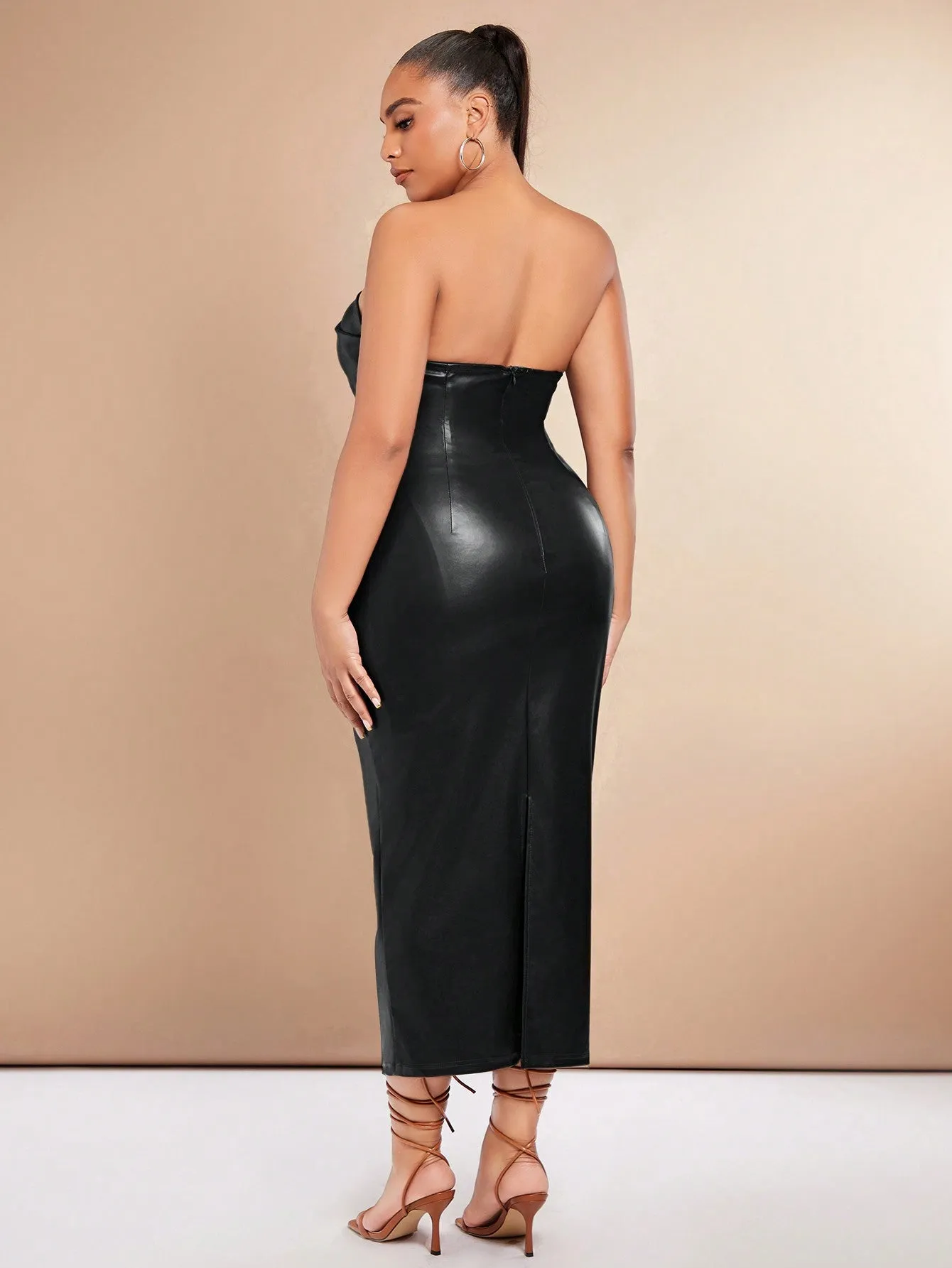 Plus Solid PU Leather Tube Bodycon Dress