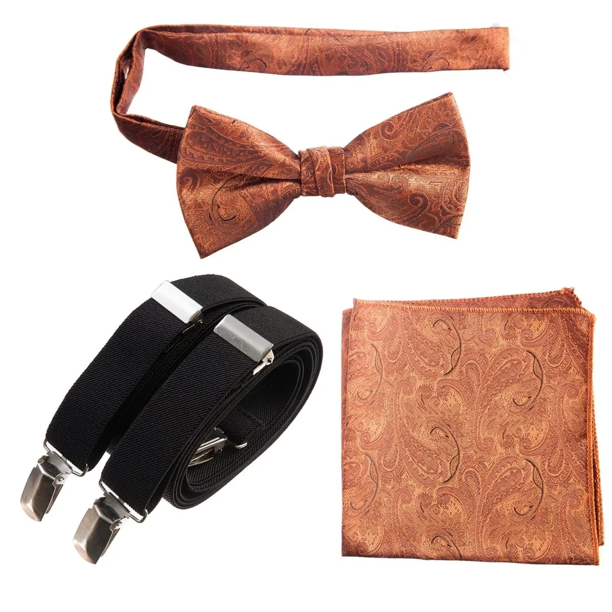 Pre-tied Bow Tie & Pocket Square Paisley Jacquard with Adjustable Stretch Suspender - RENTAL