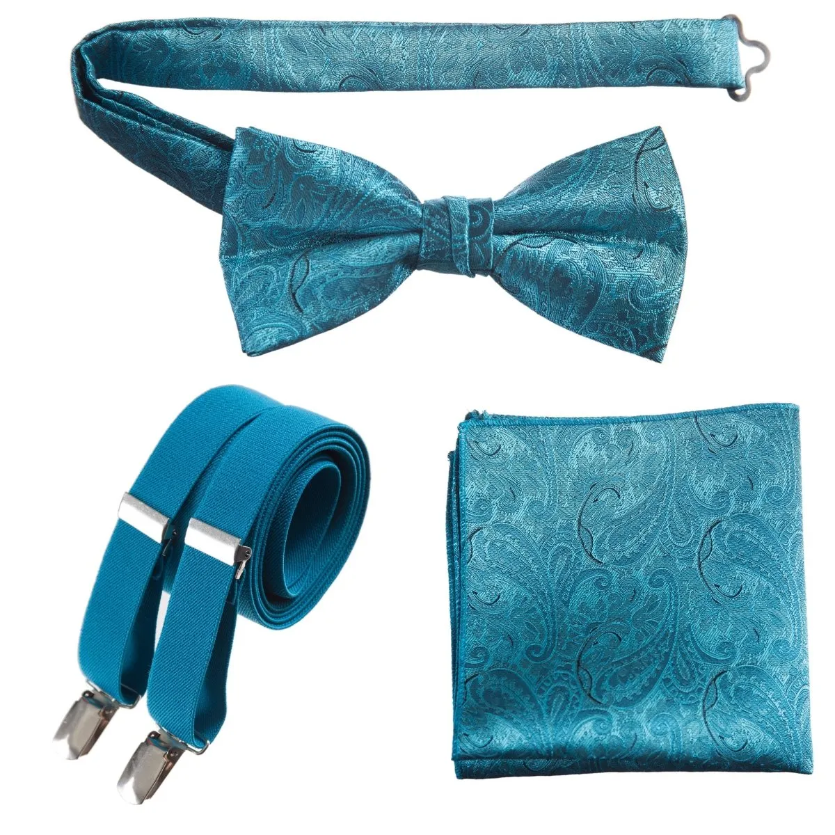 Pre-tied Bow Tie & Pocket Square Paisley Jacquard with Adjustable Stretch Suspender - RENTAL