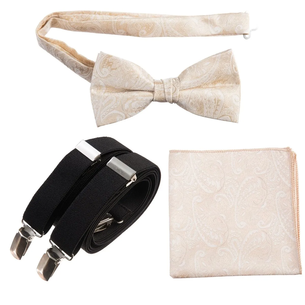 Pre-tied Bow Tie & Pocket Square Paisley Jacquard with Adjustable Stretch Suspender - RENTAL