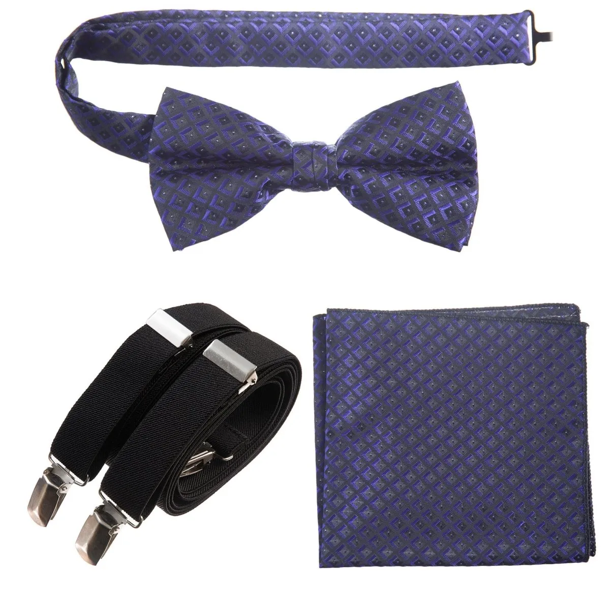 Pre-tied Bow Tie & Pocket Square Paisley Jacquard with Adjustable Stretch Suspender - RENTAL