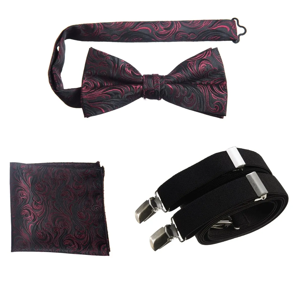 Pre-tied Bow Tie & Pocket Square Paisley Jacquard with Adjustable Stretch Suspender - RENTAL